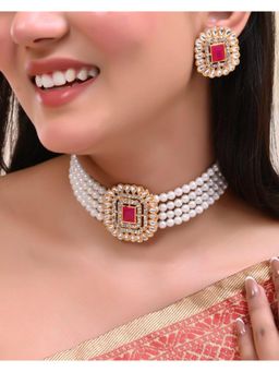VOJ - Gold Plated Pearl And Pink Stone Choker With Earrings Set