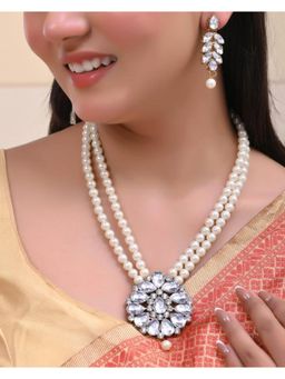 VOJ - Gold Plated Kundan Studded Pearl Long Necklace And Earrings Set