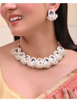 VOJ - Gold Plated Kundan Studded Choker And Earrings Set