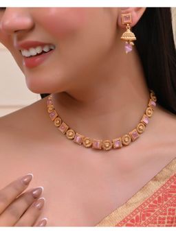 VOJ - Gold Plated Pink Stone Studded Jewellery Set