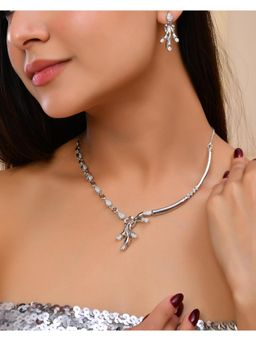 VOJ - Silver Plated Ad Stone Studded Designer Necklace With Earrings Set
