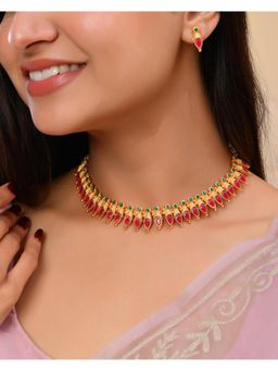 VOJ - Gold Plated Tear Drop Shaped Designed Necklace With Earrings Set