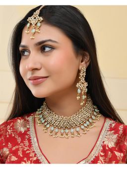 VOJ - Gold And Sea Green Stone Studded Classic Chaker Set