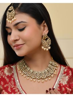 VOJ - Gold Plated Stone Studded Designer Choker With Earrings And Maang Tikka Set