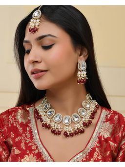 VOJ - Kundan Stone And Maroon Beaded Studded Gold Plated Jewellery Set