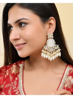 VOJ - Gold Plated Kundan Studded Pearl Drop Earrings