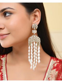 VOJ - Kundan Studded White Pearl Long Drop Earrings