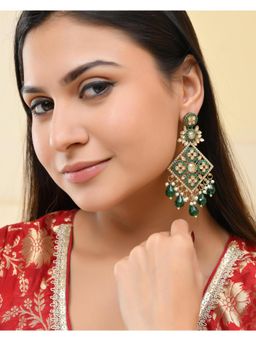 VOJ - Green Stone Studded Gold Plated Square Shaped Drop Earrings