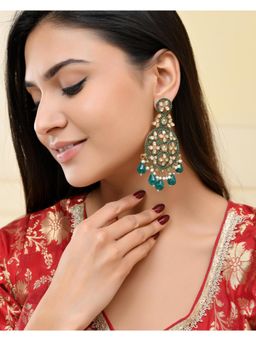 VOJ - Teal Green Stone Studded Gold Plated Circle Shaped Earrings