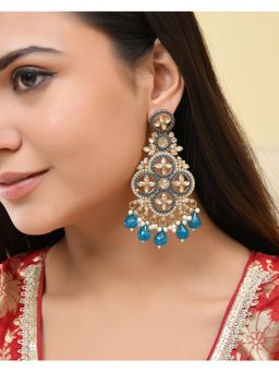 VOJ - Blue Stone Studded Gold Plated Crescent Shaped Earrings