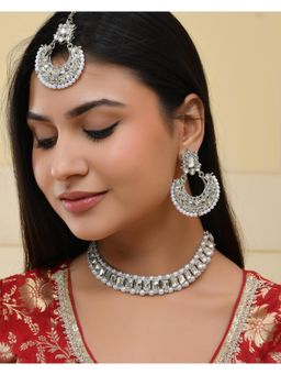 VOJ - Silver Plated Stone Studded Jewellery Set With Maang Tikka