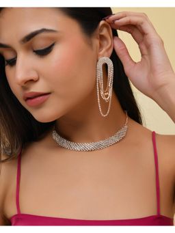 VOJ - Gold Plated Stone Studded Necklace With Earrings Set