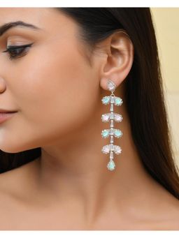 VOJ - Silver-Toned Mind Green And Pink Leaf Shaped Drop Earrings