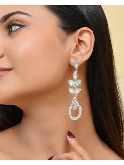 VOJ - Silver-Toned Mind Green And Pink Tear Drop Shaped Drop Earrings