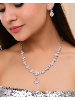 VOJ - Baby Pink Ad Stone Studded Silver Plated Necklace With Earrings Jewellery Set