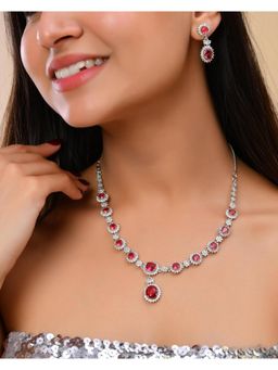 VOJ - Silver Plated Red Ad Stone Studded Designer Jewellery Set