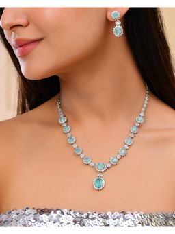 VOJ - Silver Plated Sea Green Ad Studded Designer Jewellery Set