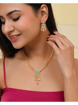 VOJ - Gold Plated Ad-Studded Sea Green Stone Jewellery Set
