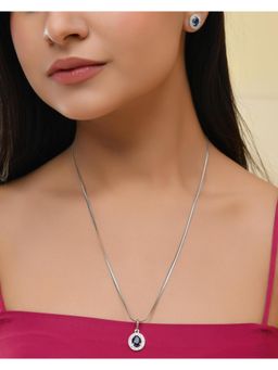 VOJ - Silver Plated Blue Ad-Studded Pendant With Chain And Earrings Set