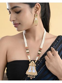 VOJ - Gold Plated Moon Stone Studded Long Necklace With Earrings Set