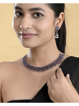 VOJ - Silver Plated Oxidized Multi Color Stone Choker With Earrings Set