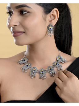 VOJ - Silver Toned Peacock Printed Choker Necklace With Earrings Set