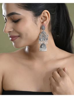 VOJ - Silver Plated Oxidized Temple Long Drop Earrings