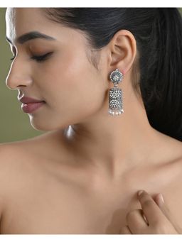 VOJ - Silver Toned Stone Studded Jhumka Earrings