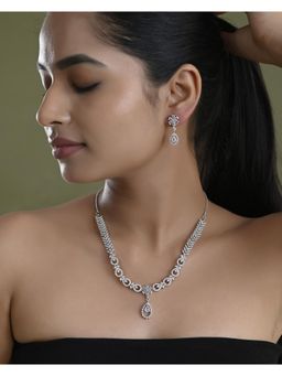 VOJ - Silver Plated Ad Stone Studded Necklace With Earrings Set