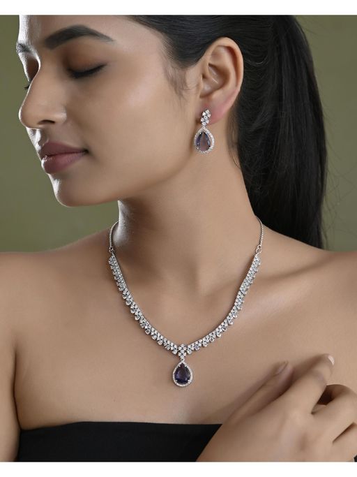 VOJ Silver Plated Purple Stone Studded Ad Jewellery Set