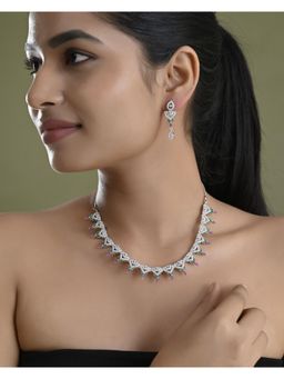 VOJ - Silver Plated Green And Pink Stone Ad Necklace And Earrings Set