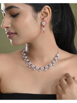 VOJ - Silver Plated Pink Stone Circular Ad Jewellery Set