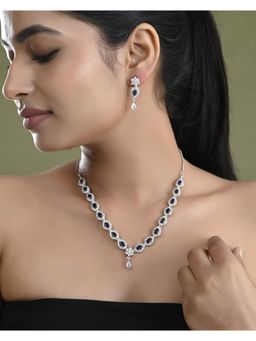 VOJ - Silver Plated Dark Stone Tear Drop Shaped Ad Jewellery Set