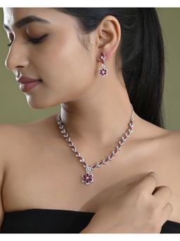 VOJ - Silver Plated Maroon Stone Floral Ad Jewellery Set