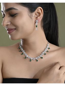 VOJ - Silver Plated Green Stone Circular Ad Jewellery Set