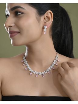 VOJ - Silver Plated Baby Pink Stone Floral And Circular Ad Jewellery Set