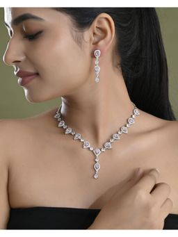 VOJ - Silver Plated Baby Pink Stone Tear Drop Shaped Ad Jewellery Set