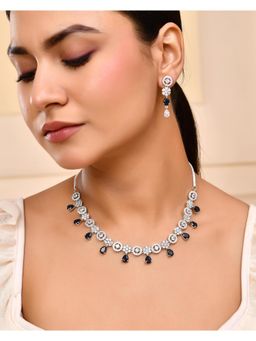 VOJ - Silver Plated Ad Studded Circular Shape With Blue Stones Jewellery Set