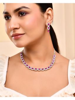 VOJ - Silver Plated Pink Stone Studded Rectangular Ad Jewellery Set