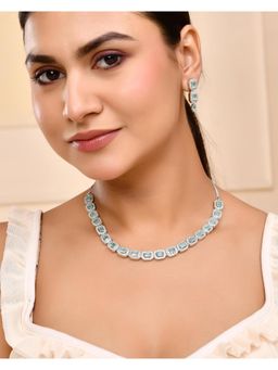 VOJ - Silver Plated Sea Green Stone Studded Rectangular Ad Jewellery Set
