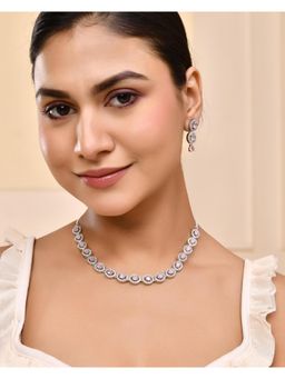 VOJ - Silver Toned Baby Pink Stone Studded Circular Ad Jewellery Set