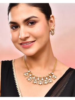 VOJ - Gold Plated Floral Shaped Stone Studded Designer Jewellery Set