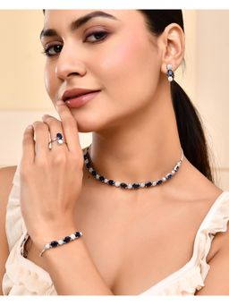 VOJ - Silver Plated Blue Stone Studded Necklace Set With Ring And Bracelet