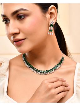 VOJ - Silver Plated Ad And Green Stone Tear Drop Shaped Necklace Set