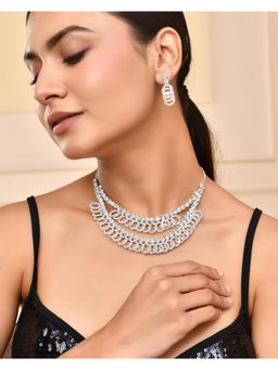 VOJ - Silver Plated Stone Studded Circular Mutli Layer Necklace Set