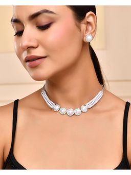 VOJ - Silver Plated White Pearl And Cz Stone Choker Set