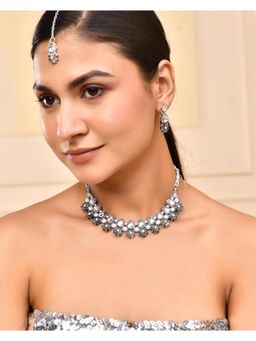 VOJ - Oxidized Floral Designed Stone Studded Necklace Set