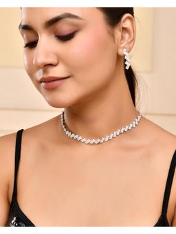 VOJ - Silver Plated Stones Studded Minimal Designed Jewellery Set