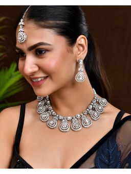 VOJ - Silver-Plated Cz Studded Jewellery Set With Maang Tikka