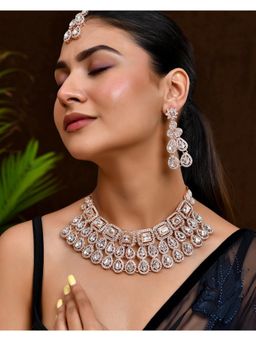 VOJ - Rose Gold -Plated Cz Studded Jewellery Set With Maang Tikka